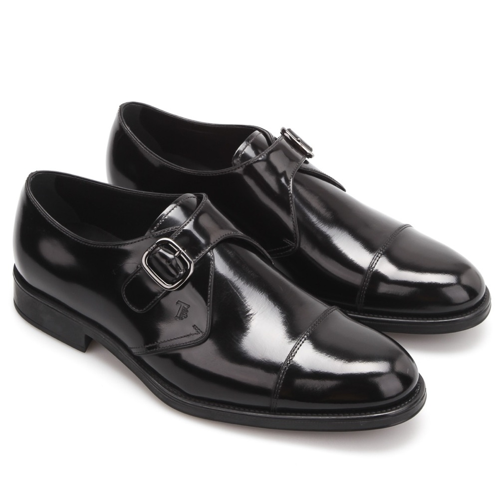 Tods Leather Monk Strap Shoe Shiny Black Mens Size 8 Almond Toe Oxford Buckle